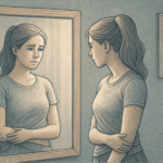 An illustration of a person looking thoughtfully at their reflection, representing self-reflection and body image awareness.