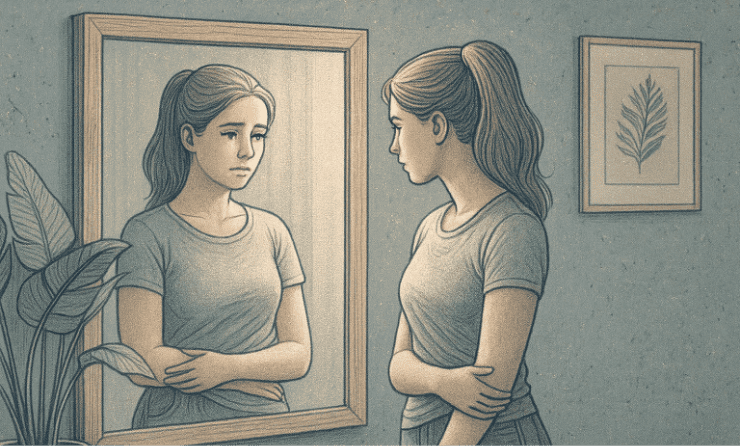 An illustration of a person looking thoughtfully at their reflection, representing self-reflection and body image awareness.