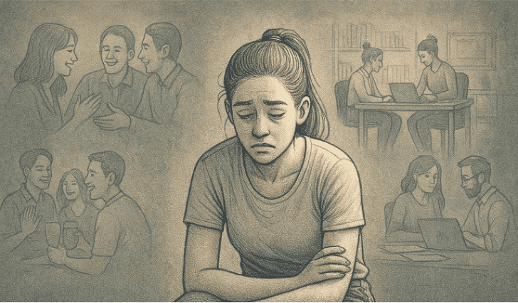 An illustration of a person sitting alone, looking tired and overwhelmed, with faded images of social gatherings and work settings in the background, representing the isolation and exhaustion of hypervigilance.