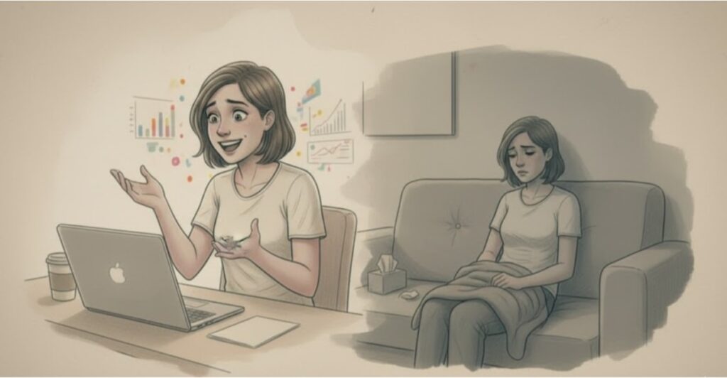 Energetic person presenting versus a withdrawn person sitting alone on the couch.