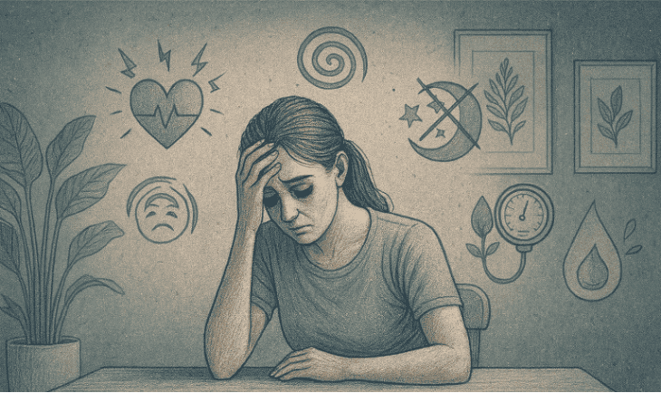 An illustration of a tired person holding their head, surrounded by symbols representing health concerns like a heart and stressed expression, depicting the health impacts of chronic insomnia.
