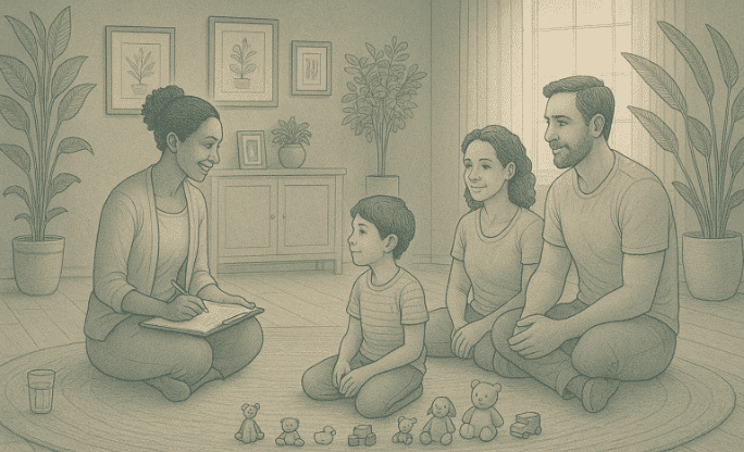 An illustration of a therapist working with a child and family, representing behavioral intervention and family-centered treatment approaches.