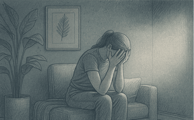 An illustration showing a person sitting alone in a dimmed room, head in hands, representing the isolation and distress of body dysmorphic disorder.