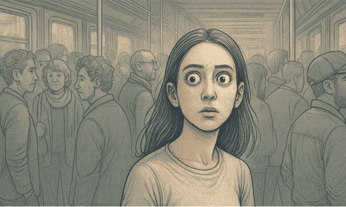 An illustration of a person in a crowded space with alert, wide eyes, scanning their surroundings, representing the constant state of watchfulness in hypervigilance.