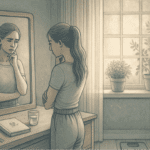 An illustration of a woman looking thoughtfully at herself, representing the internal struggle and self-awareness involved in recognizing eating disorder symptoms.