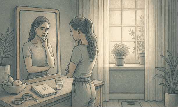 An illustration of a woman looking thoughtfully at herself, representing the internal struggle and self-awareness involved in recognizing eating disorder symptoms.