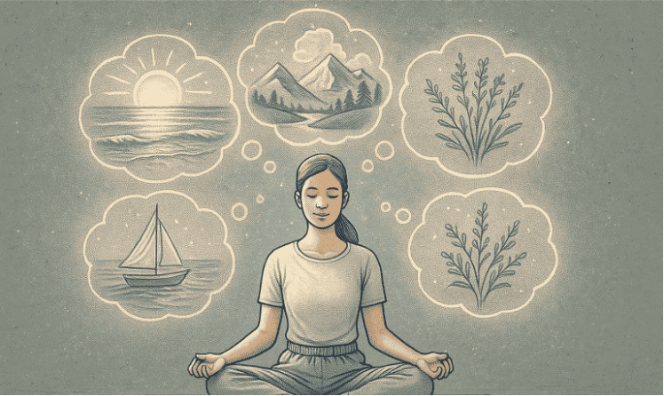 An illustration of a person sitting calmly with thought bubbles showing peaceful imagery, representing the possibility of calming an anxious brain.