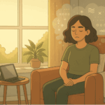 An anxious person sitting in an armchair with thought bubbles and symbols representing overwhelming thoughts.