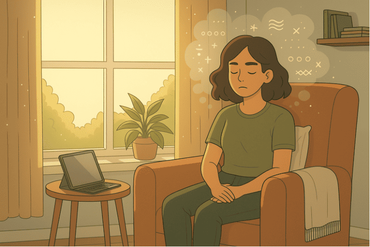 An anxious person sitting in an armchair with thought bubbles and symbols representing overwhelming thoughts.