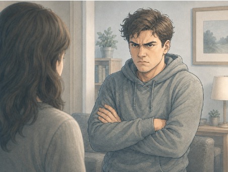Angry man rejects blame while another person confronts his narcissism
