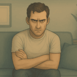 A man sitting on a chair with folded arms, looking angry.