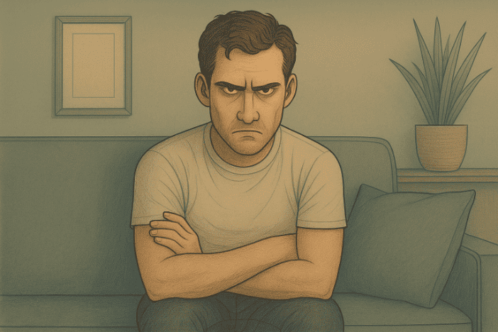 A man sitting on a chair with folded arms, looking angry.