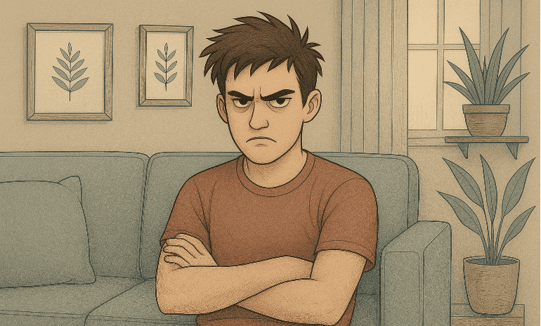 A young man sitting on the floor with folded arms looking very hostile.