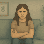A young lady sitting on a couch with her arms folded, looking very angry.