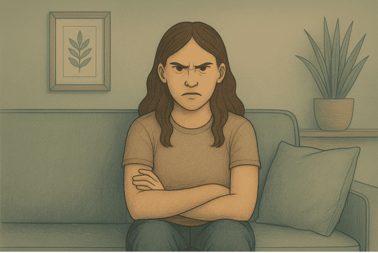 A young lady sitting on a couch with her arms folded, looking very angry.