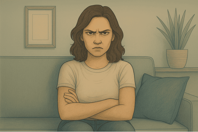 A woman with folded arms sitting on a chair, looking unapproachable.