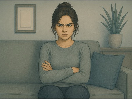 A seated woman who has been diagnosed with antisocial personality disorder.