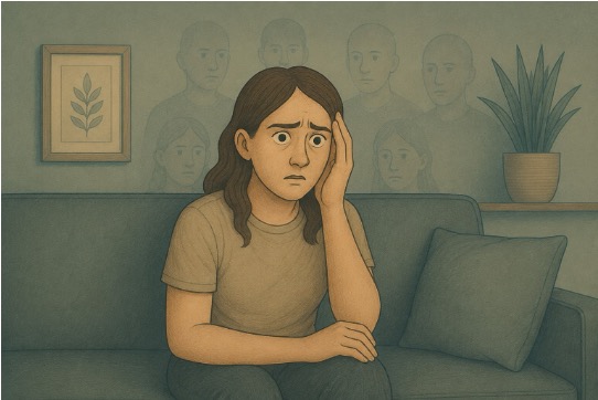 Woman exhibiting symptoms of psychosis as she feels like she’s being watched by other individuals 