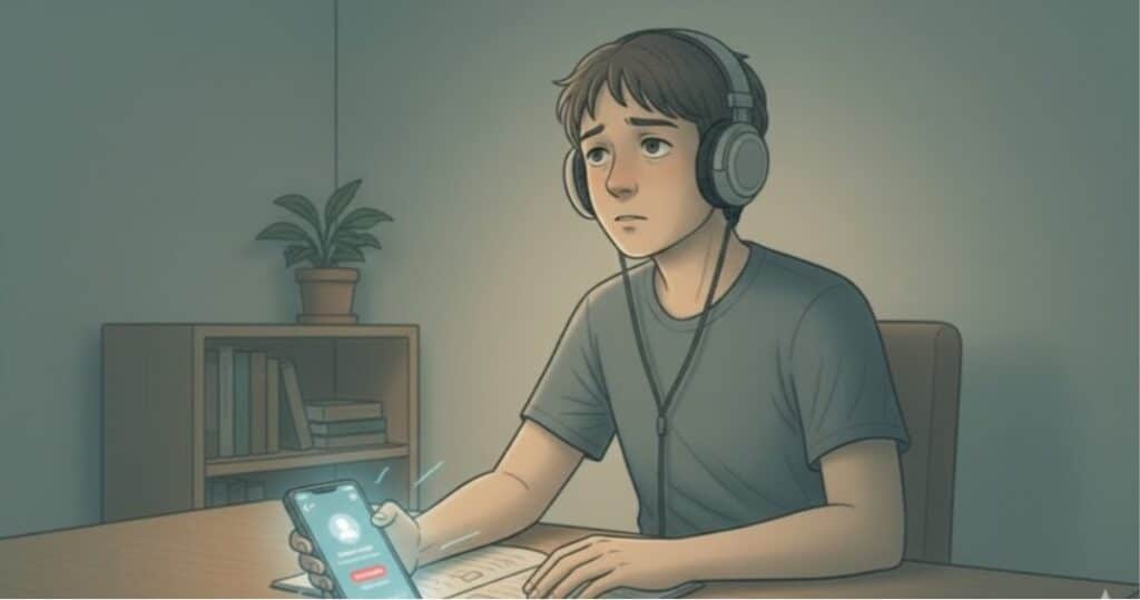 A man wearing headphones, holding a phone in his hand while looking in space.