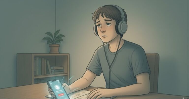 A man wearing headphones, holding a phone in his hand while looking in space.