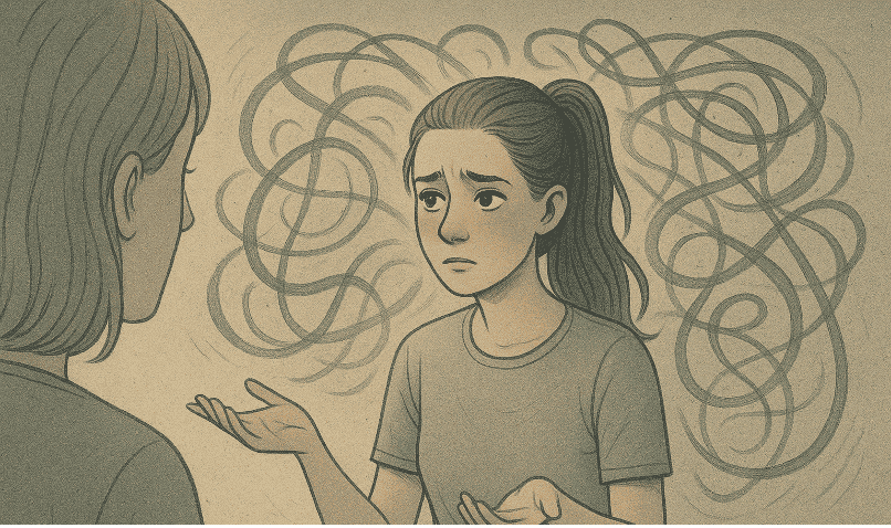 Anxious teen speaking with someone while chaotic scribbles appear behind them, symbolizing emotional intensity often experienced in BPD.