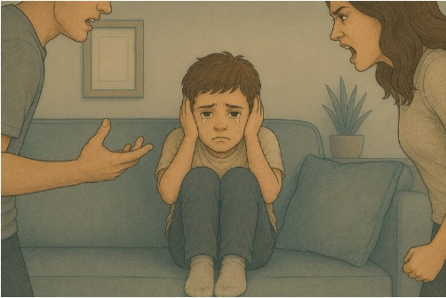 A young boy crying and covering his ears while his parents argue.