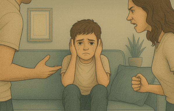 A young boy crying and covering his ears while his parents argue.