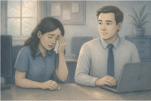 A man at work shows no empathy or emotions while a co-worker cries beside him.