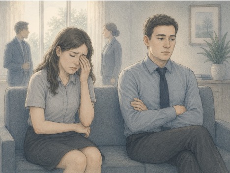 A young man lacking empathy as he sits beside a crying and stressed lady