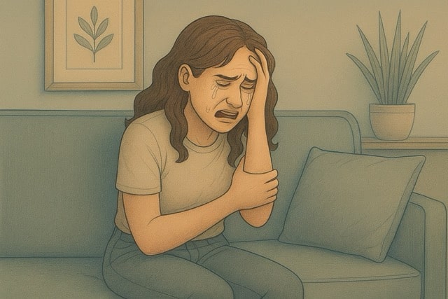 Woman experiencing emotional distress from BPD fear of abandonment while alone