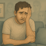 A young man sits disheveled on a sofa, holding the side of his face with faint, ghostlike figures surrounding him.