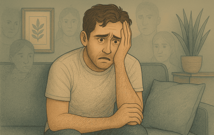 A young man sits disheveled on a sofa, holding the side of his face with faint, ghostlike figures surrounding him.