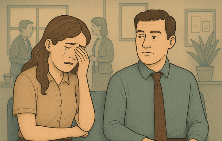 A young man looking unbothered as he watches a lady sitting beside him cry.