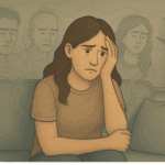 A woman with her hands on her head, hearing whispers from the shadows floating around her.