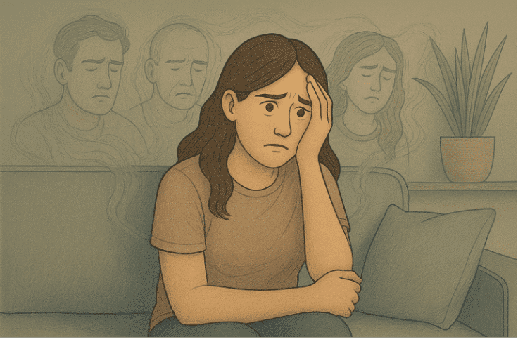 A woman with her hands on her head, hearing whispers from the shadows floating around her.