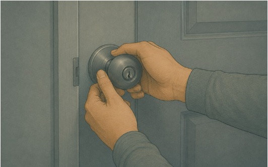 Man double-checking whether the doorknob is locked, displaying compulsive behavior 