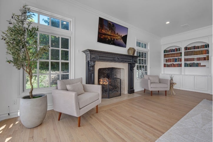 AMFM treatment center therapy room with a fireplace, built-in bookshelves, and plants creating a peaceful atmosphere.