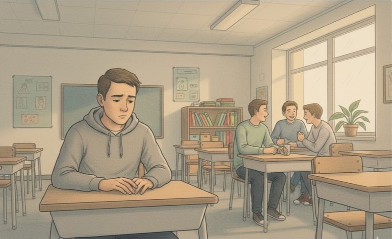 An isolated student sitting alone at a classroom desk while others socialize in the background.