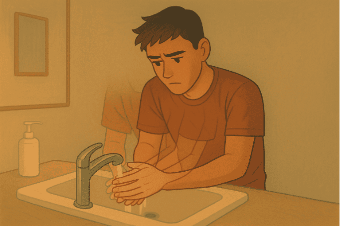 Person washing hands compulsively due to OCD contamination fears.