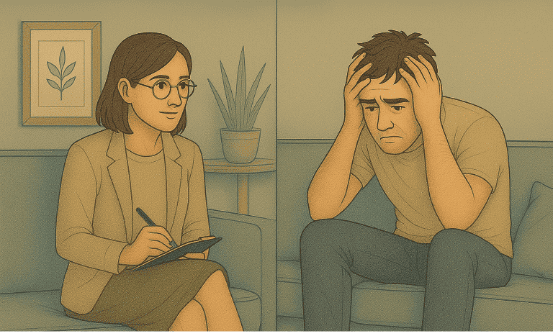 Therapist providing trauma-informed care to individual experiencing dissociative symptoms during DID treatment session