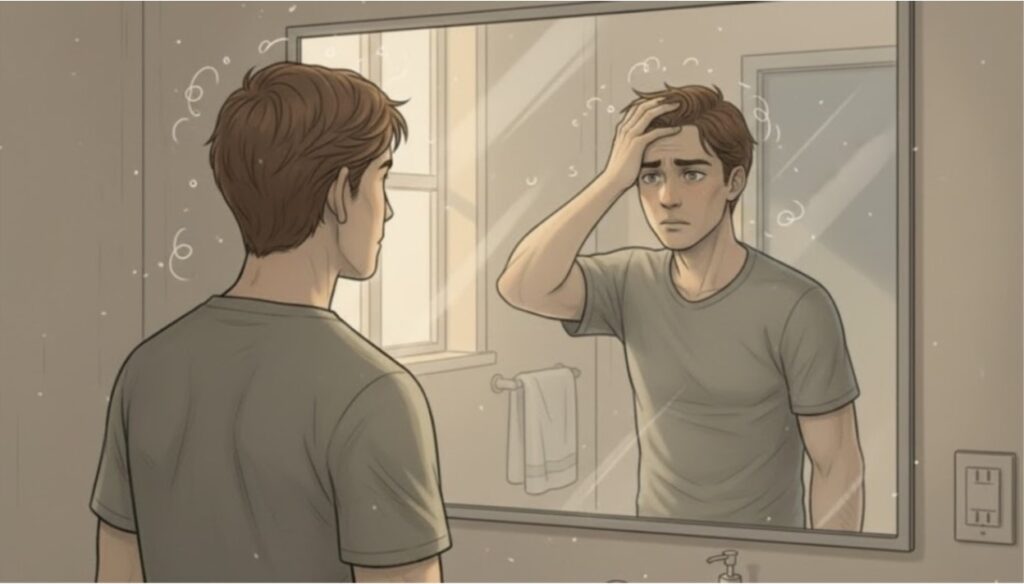 Person experiencing intrusive thoughts and anxiety characteristic of OCD, looking at their reflection in the mirror.