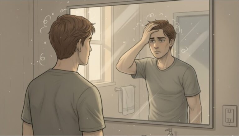 Person experiencing intrusive thoughts and anxiety characteristic of OCD, looking at their reflection in the mirror.