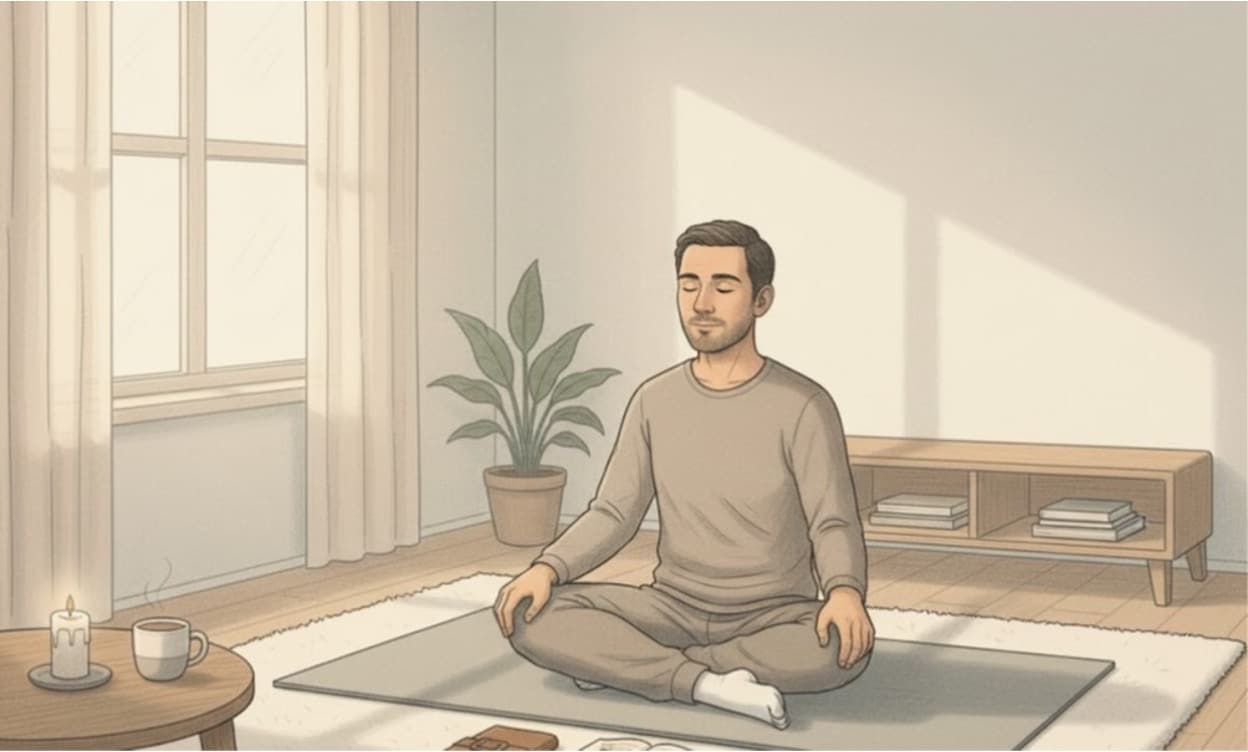 A person meditating in a cross-legged position on a yoga mat in a minimalist room with natural sunlight.