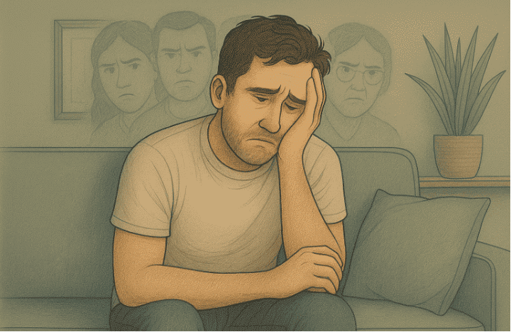 A man with his hands on his chin looking tired as the faint faces behind his sofa glare at him.