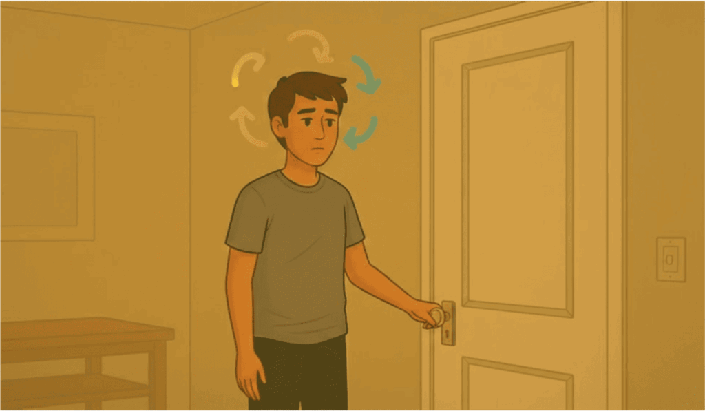 Person pausing before a repetitive behavior (like checking a door), representing the anxiety–compulsion cycle.
