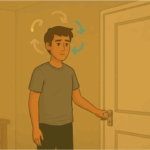 Person pausing before a repetitive behavior (like checking a door), representing the anxiety–compulsion cycle.