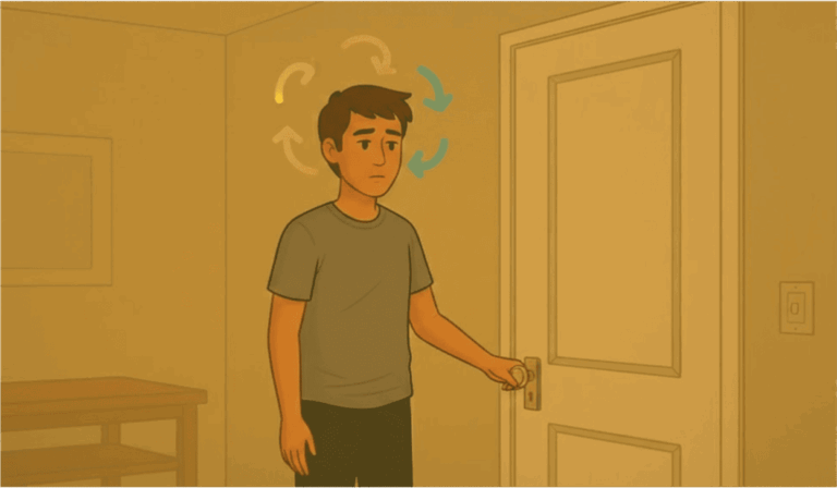 Person pausing before a repetitive behavior (like checking a door), representing the anxiety–compulsion cycle.
