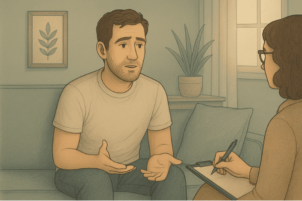 A man in therapy sitting on a cushion talking calmly 