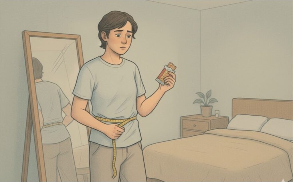 A person measuring his waist with a tape measure while holding something to eat in the bedroom.