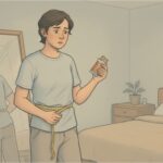 A person measuring his waist with a tape measure while holding something to eat in the bedroom.